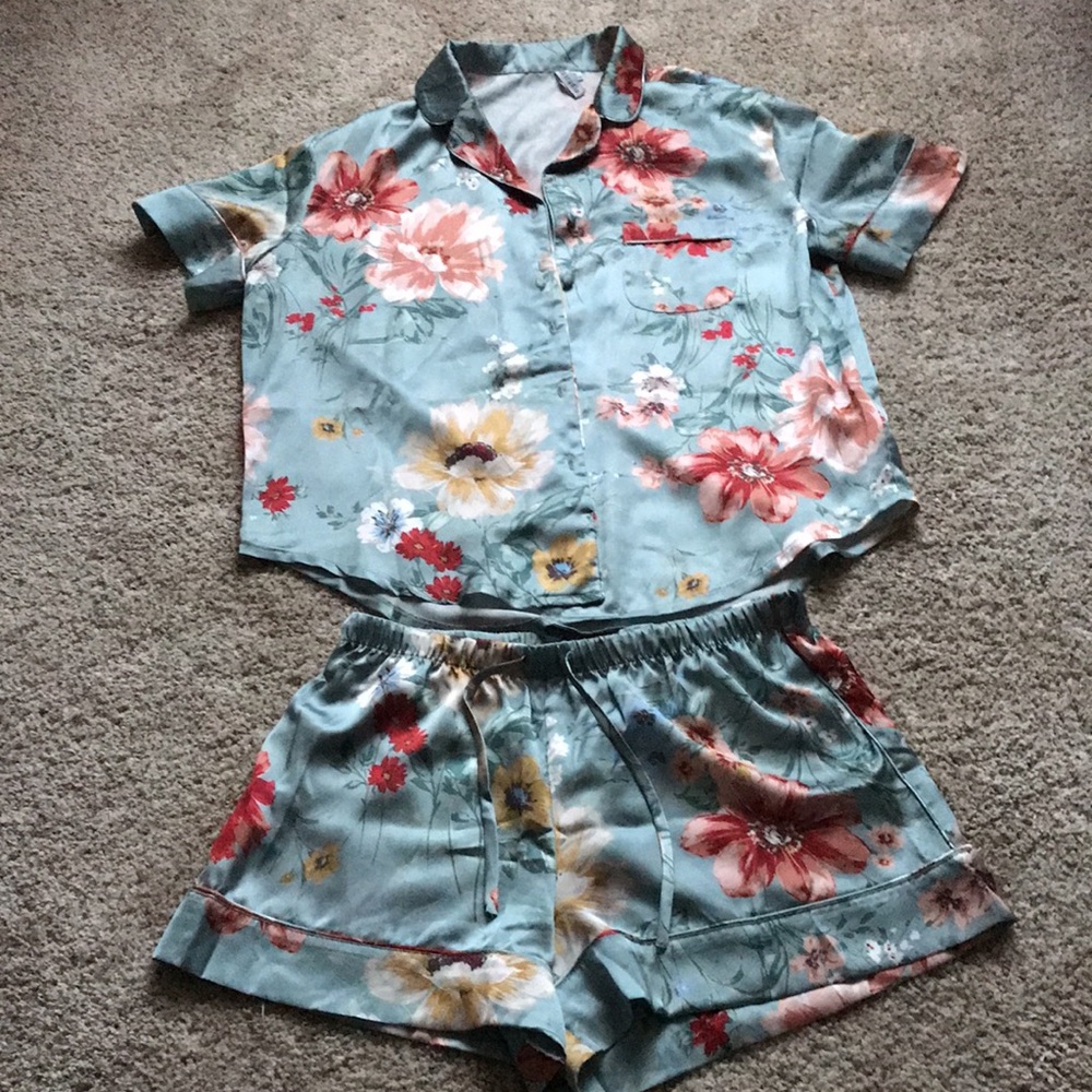 Floral Satin Short Pajama Set - Button Down Top w/ Matching Shorts